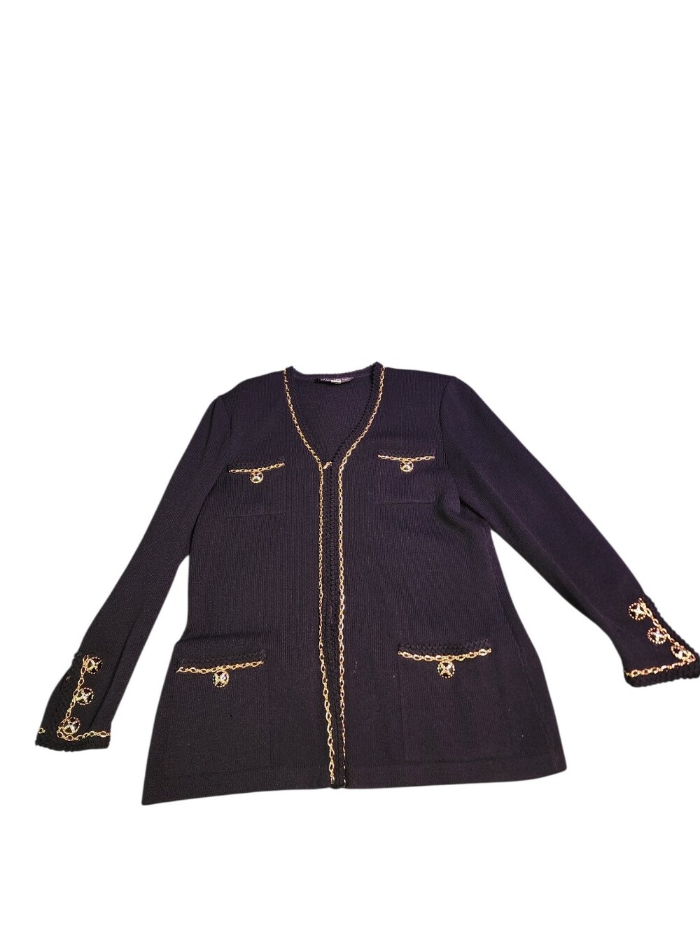 St. John Knit Black Chain-Trim Zip Cardigan 8